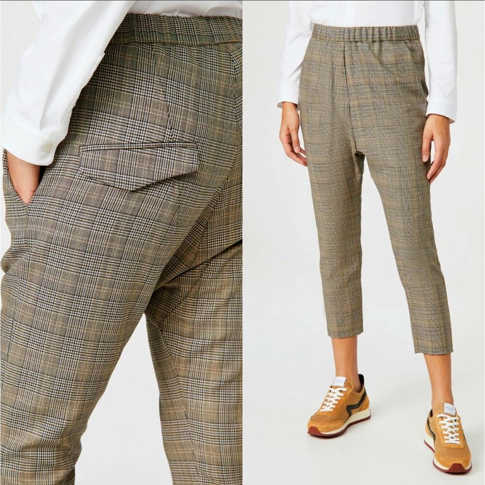 Nili Lotan Plaid Paris Pants $495 Elastic Waist Wool Drawstring Gray Brown NWT